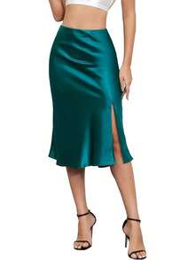 Womens Silky Satin Midi Skirt High Waist Elastic Waist A Line Skirt With Slit - Màu xanh lá cây đậm - Xem 12