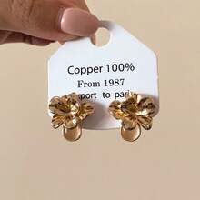 1 Pair Vintage French Cat Eye Stone & Metal Flower Earrings, Delicate Earrings With Unique Design For Women