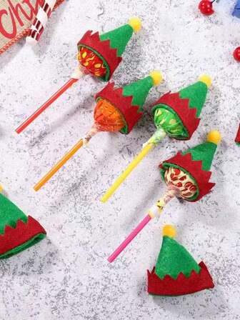 10pcs Christmas Lollipop Hat Mini Elf Santa Hat Candy Set, Used For Holiday Dessert Decoration, Holiday Wine Bottle Cap DIY Handmade Accessories Christmas Decorations Home Christmas Gifts Christmas Decor