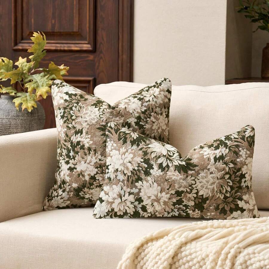 Neutral Floral Cushion Cover 18 X18 Inches, Vintage Chenille Square Throw Pillow Covers Soft Decorative Farmhouse Accent Couch Pillow Cover For Living Room Bedroom(1Pc,2Pcs Available)