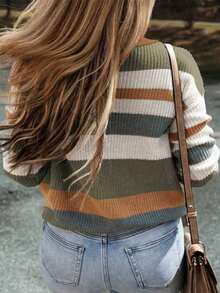 Women's Casual Contrast Stripe Dropped Shoulder Long Sleeve Sweater - Multicolor - View 6