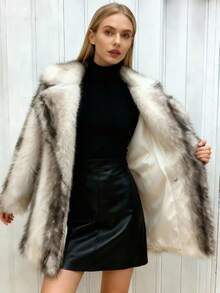 Damen Winter Colour-Blocking Mantel mit großem Kragen und mittlerer Länge, künstliches Fell, europäischer und amerikanischer Modestil, oversized künstlicher Fellmantel