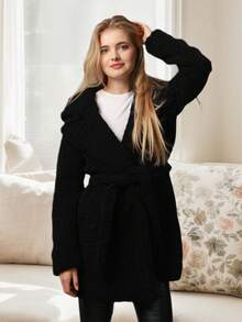 Palton tip teddy METROFIVE pentru femei, palton pufos cu glugă de lungime medie, cu textură moale din sherpa. Un articol esențial pentru iarnă. - Negru - Vizualizare 1