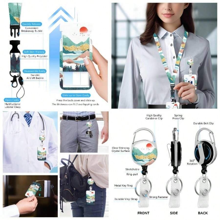 Bonito soporte para tarjetas de bho para maestros con carrete retrctil y cordn separable, clips retrctiles para insignia, llavero divertido, soporte de identificacin con cordn separable para - Montaña - Ver 1