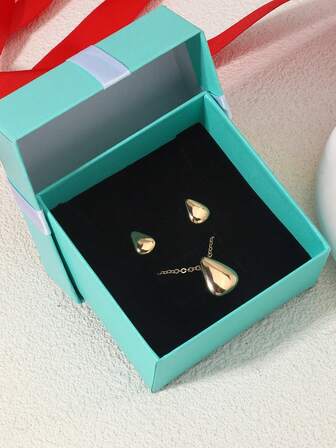 1 Set Teardrop Design Necklace & Earrings, Elegant & Versatile, Gold Minimalist Teardrop Earrings, Red Bow Gift Box, Great Gift Choice