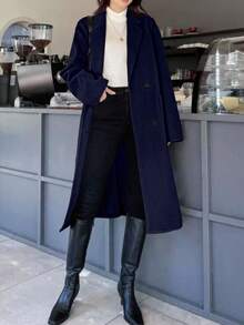 女式秋季双口袋翻领双排纽扣上衣中长夹克 - 寶藍色 - 查看 3