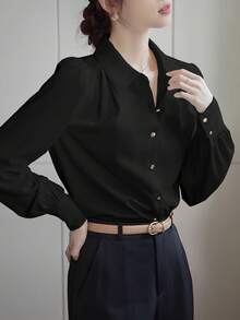 QIANZHIDU 白色纯色女式衬衫，长袖上衣，办公制服，工作服，简约穿搭，早午餐装，音乐节穿搭，商务会议，婚礼，秋季，返校季，优雅，极简，西式，外套，教师装，商务休闲，女式衬衫，职业装，优雅女式衬衫，春季穿搭，派对衬衫，休闲女式衬衫，女式衬衫 - 黑色 - 查看 2