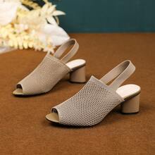 Women Low Heel Pump Sandals Open Toe Dress Shoes Ankle Strap Chunky Block Heeled Sandals For Autumn Prom Wedding Party Daily Wearing - 杏色 - 查看 3