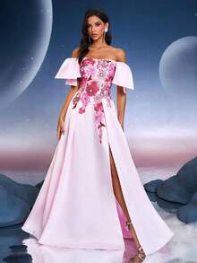 Anymoon Fairy 奢华粉色薄雾花卉串珠装饰结构缎面露肩荷叶边袖系带后开衩舞会礼服，适用于婚礼招待会、订婚派对、毕业舞会、公司晚宴、斋月庆祝活动 - 粉色 - 查看 10