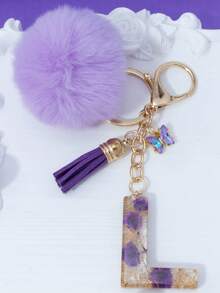 1pc Purple Starry Sky Dried Flower 26 Uppercase English Letter Resin Keychain, Bubble Fur Ball Glass Butterfly Tassel Decor, 18K Gold Lobster Clasp Design, Suitable For Bag Chain, Phone Strap, Gift For Friends, Mother, Christmas, Bag Charm, Car, Teacher, Sisters Gifts For Mother, Father, Graduation, And Teacher - Purple - View 16
