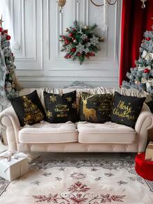 4 capas de almofadas decorativas de Natal, Papai Noel, boneco de neve, rena, árvore de Natal, estampa xadrez, zíper invisível, lavável, adequada para sala, decoração de sofá (sem enchimento de almofada) - Preto - Ver 2