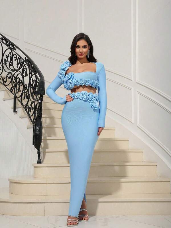 Floral Slit Sexy Long Sleeve Bandage Party Dress