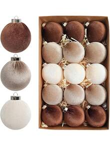 15 PCS Brown Velvet Christmas Tree Ornaments - 6 Cm 2.36 Inches 12 Shatter-Proof Christmas Balls For Christmas Tree Decorations - Multi-Colored Brown Neutral Beige For Holiday Parties Christmas Decorations, New Year Decorations, New Year Gifts For Interior Decorations Christmas Tree Dark Coffee, White, Light Coffee
