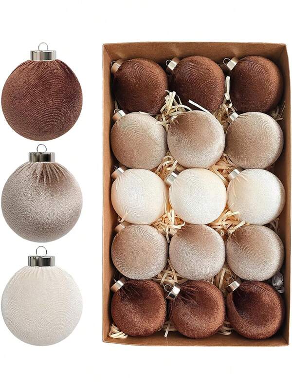 15 PCS Brown Velvet Christmas Tree Ornaments - 6 Cm 2.36 Inches 12 Shatter-Proof Christmas Balls For Christmas Tree Decorations - Multi-Colored Brown Neutral Beige For Holiday Parties Christmas Decorations, New Year Decorations, New Year Gifts For Interior Decorations Christmas Tree Dark Coffee, White, Light Coffee