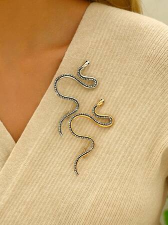 1pc Fashion Gothic Style Snake-Shaped Rhinestone Encrusted Gold/Silver Color Brooch, Suitable For Daily Wear, Parties, Vacations, Great Gift For Mom, Girlfriends, Friends