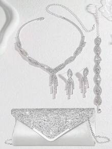 5件套新娘首饰套装：闪亮玫瑰金立方氧化锆项链、1对耳环、手链+单肩包。小巧优雅的女士晚宴包，新娘婚礼贝壳信封包，配有可拆卸金属链肩带。适合女士单肩包、手提包，适用于婚礼、派对、宴会等场合。 - 白色肩背包套裝 - 查看 7