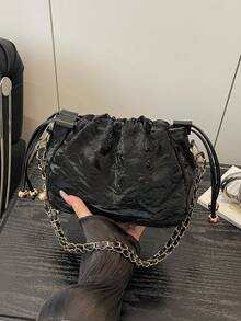 1 pièce Sac seau à cordon de serrage de couleur unie avec sangle à chaîne, sac à épaule mode pour femmes