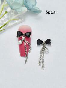 5 Pcs Bow Pearl Chains Nail ArtCharms, Luxury Heart Rhinestone &Bow Pearl Pendant Nail CharmsJapanese & Korean Style Nail Decorations, Nail Art Supplies