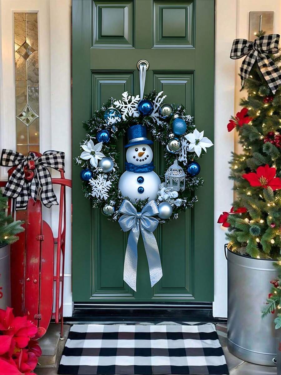 1pc/Snowman Wreath Door Hanging Door Banner - Polyester Christmas Holiday Decoration, 70.8x35.4 Inches, Home Indoor And Outdoor Decoration, Christmas Decoration, Festival, Party Decoration, - Multicolor - View 1