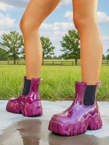 亮绿色锯齿状厚底切尔西靴，时尚雨靴，个性化踝靴 - 紫色 - 查看 3