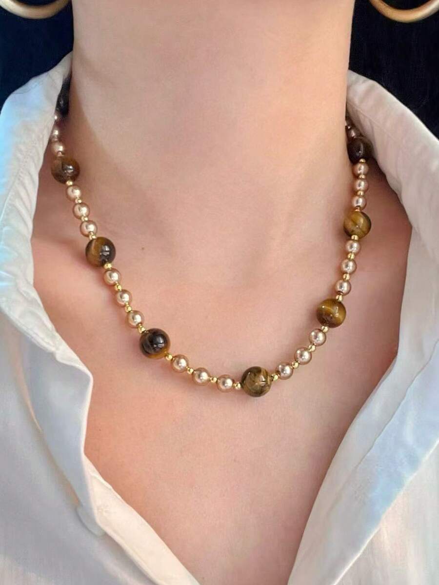 1PC Autumn And Winter Maillard Style Natural Premium Tiger's Eye Stone Coffee-Colored Imitation Tahitian Pearl Starry Sky Collarbone Chain Necklace