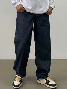 29 Black Casual Loose Wide Leg Denim Pants With Pockets Urban Style For Men, Suitable As Gift For Husband, Boyfriend - 藏蓝色 - 查看 2