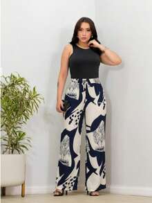 DUNA Fabric Pants With Lining, Pocket And Elastic Waist - biru tua/krem muda - View 1