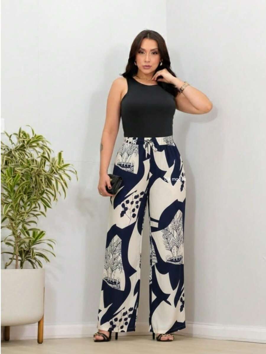 DUNA Fabric Pants With Lining, Pocket And Elastic Waist - biru tua/krem muda - View 1