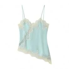 Women Satin Lace Camisole Top Sleeveless Spaghetti Strap Silk Lace Trim Cami Top Asymmetrical Tank Top Streewear - 藍色 - 查看 4