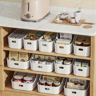 Multifunctional Divided Storage Box Set, Made Of Plastic Material, Rectangular With Handle Design, Simple Ins Style And Stackable, Can Store Necessities In The Kitchen, Bedroom, And Bathroom, Suitable For Daily Home Organization, Holiday Cleaning And Storage, And Can Be Used In All Seasons.