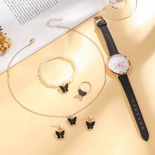 6pcs/Set Minimalist Round Arabic Heart Dial Leather Band Quartz Watch + Butterfly Watch Set, Suitable For Birthday, Halloween, Gifts - Multicolor - View 3