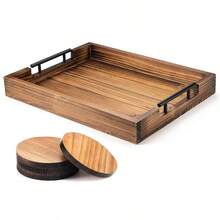 Wooden Serving Tray - Vintage Bar Restaurant Food Serving Tray Modern Decorative Tray With Metal Handles - Coffee Table Tray For Bar, Restaurant, Living Room, Bedroom, Entryway And Kitchen - Tabletop, Sofa And Storage Tray