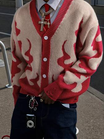 Cárdigan de manga larga con cuello en V, de color liso, holgado y casual, con patrón de llama acanalado y efecto desgastado vintage, para otoño/invierno