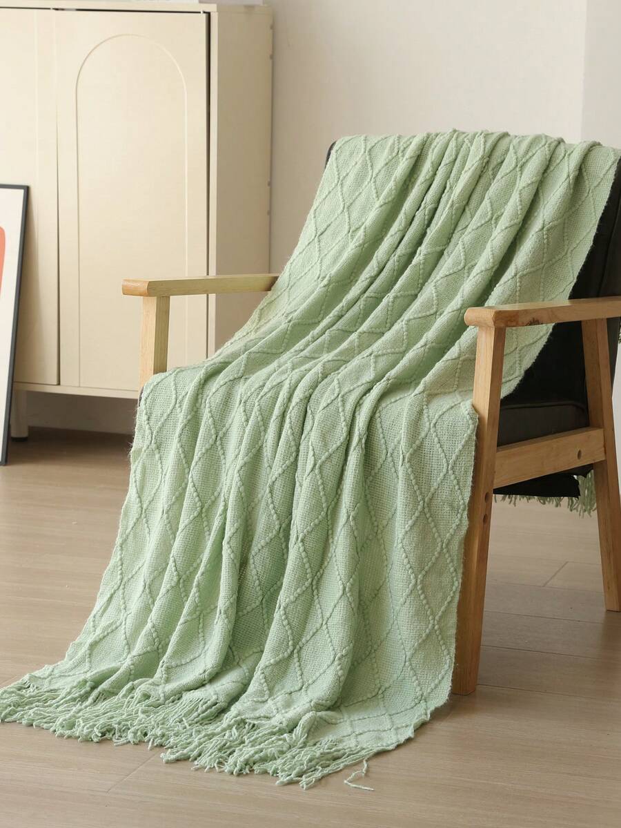 1pc Solid Color Diamond Plaid Knitted Blanket, Nordic Style Acrylic Rectangular Minimalist Sofa Cover Throw Blanket, Bedroom Leisure Knit Throw - Mint Green - View 1