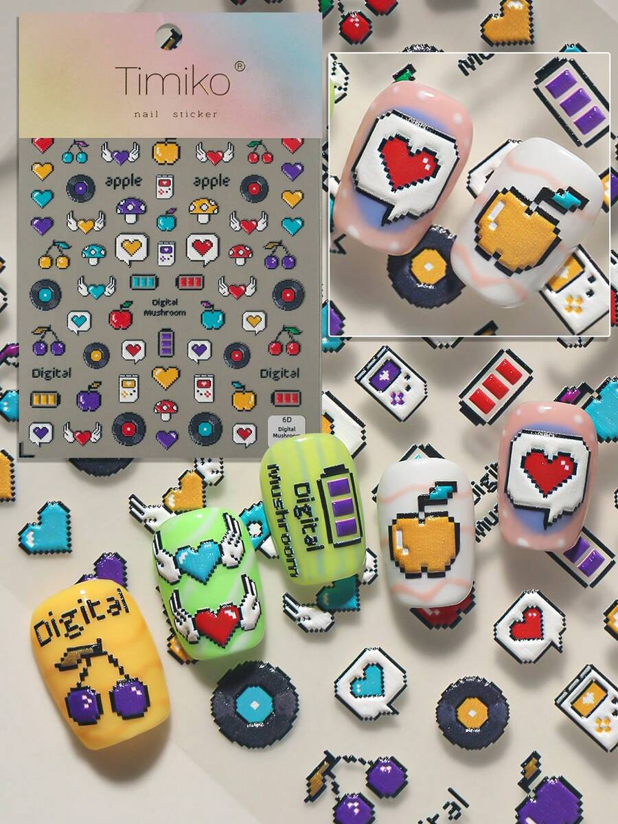 1. 最新款日式像素风美甲贴纸，采用浮雕卡通设计，图案包括心形翅膀、苹果、能量计、蘑菇和圆形纹样，适合个人DIY和美甲沙龙使用。美甲用品 美甲贴纸 - 彩色 - 查看 1