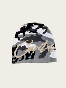 1pc Camouflage Letter Knit Beanie, Unisex Warm Winter Hat, Suitable For Casual, Streetwear, Couples, Students, Autumn/Winter