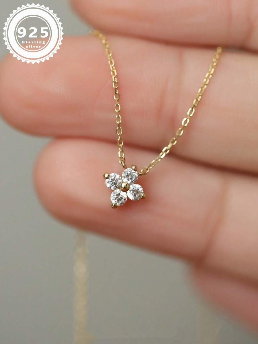 Delicate S925 Sterling Silver 14K Gold Plated Four-Leaf Clover Necklace, Minimalist Chic Design