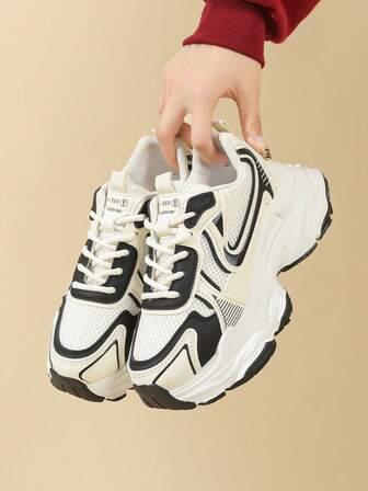 Dam nya klassiska retro grova sneakers, utomhussportskor, skor, landsvägslöparskor, lätta och bekväma platåskor med kilklack, mesh- och läderlappverk, andningsbara, mångsidiga