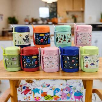 Lonchera aislada con diseño de dibujos animados, taza aislada de acero inoxidable con cuchara, 11 onzas, portátil para uso al aire libre