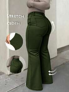Quần jeans ống loe cỡ lớn, thanh lịch, thời trang, trang trọng, trang phục ngoài trời, quần jeans nữ cỡ lớn, quần jeans dáng đầy đặn, quần jeans nữ, quần jeans rộng, quần dài, quần cargo, quần jeans cỡ lớn, Halloween, Năm mới, phong cách đồng quê thường ngày - xanh quân đội - Xem 2