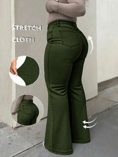 Plus Size Women High Waist Pockets Flare Casual Stretch Denim Jeans