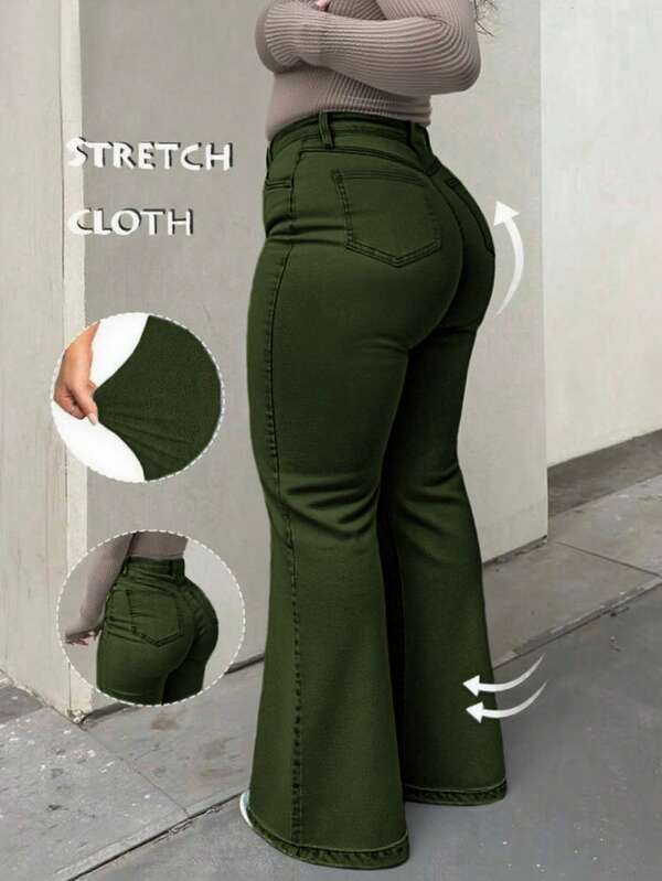 Jeans de mezclilla casual con cintura alta, bolsillos y corte acampanado para mujer de talla grande