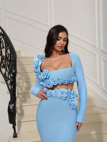 Floral Slit Sexy Long Sleeve Bandage Party Dress