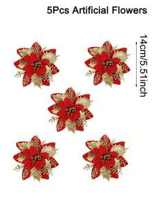 5/10pcs Artificial Christmas Tree Decorative Flowers (Diameter 14cm/5.51inch) - Red/Gold/Red Gold/Silver/Pink Flash Fake Flower Christmas Tree Decoration, Christmas Decoration, 2026 New Year Home Holiday Decoration