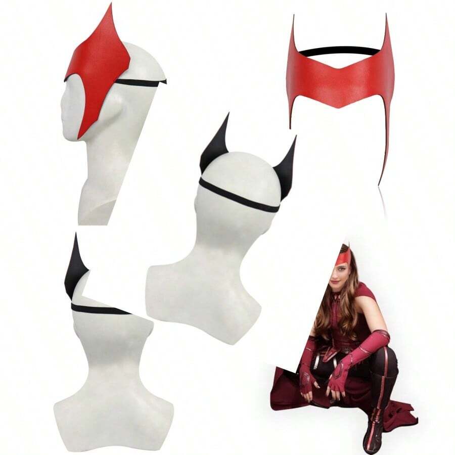 Superhero Red Headpiece Leather Scarlet Women Crown Headpiece Witch Cosplay Costumes Halloween Leather Mask Headgear