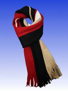 Autumn/Winter Couple's Plaid Multi-Color Patchwork Tassel Knit Neck Warmer Scarf, Unisex Versatile, Blanket - Black+Khaki - View 3