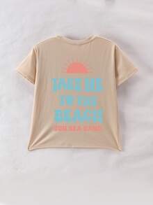 女童个性简约夏日彩色字母印花太阳海陆套头衫圆领短袖T袖夏季新款女童衣服女童短袖上衣 - 杏色 - 查看 2