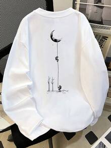 Women's Casual Loose Fit Moon Print Round Neck Long Sleeve Cotton T-Shirt, Fashion & Versatile, Spring/Autumn