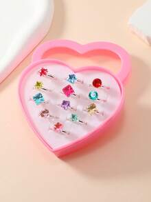 1set/12pcs Girls' Adjustable Cartoon Rings With Faux Gemstones, Gold Color