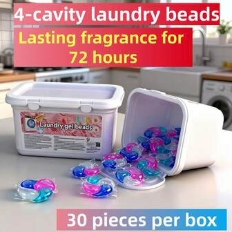 1盒洗衣凝珠，四效合一，大容量，深层清洁，留香持久，适合家庭使用，有效去渍+柔顺+留香+护色，兼容机洗和手洗